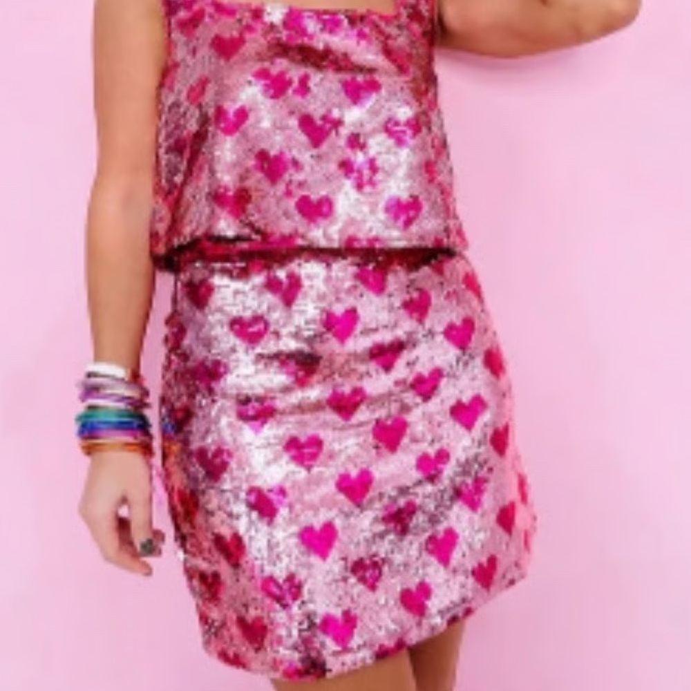 Buddy Love Pink Sequin Mini Skirt with Heart Print